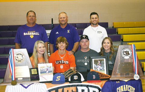 Drew Wenske officially inked with University of Texas Permain Basin for baseball in a signing ceremony on May 23. Seated, from left, is Lori Wenske, Drew Wenske, Brian Wenske and Taylor Wenske. Standing from left is assistant coach John Peterson, head coach Daniel Boedeker and assistant coach Connor Stefka. Photo by Mark Lube.