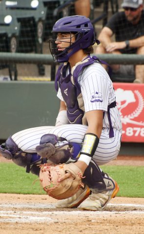 Senior catcher Bryce Nerada guards the home plate against Harleton.Photo by Mark Lube.