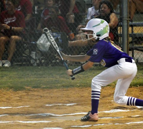 Hayden Rother leads off Shiner at the plate in the first inning in the tournament semifinal vs Hallettsville on June 20. Photo by Mark Lube.