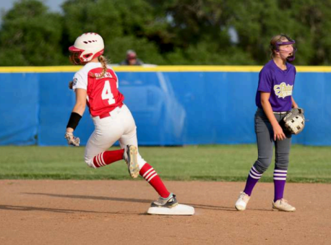 Caetlyn Halata rounds second base en route to a triple in the 2-1 win over Shiner Saturday