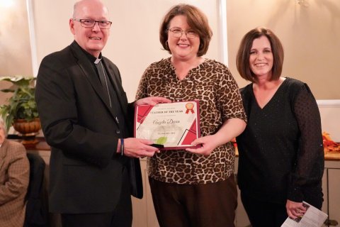 Pictured are, left to right, Bishop Brendan Cahill, Diocese of Victoria, Angie Decou and Neely Yackel, Principal of Shiner Catholic School.