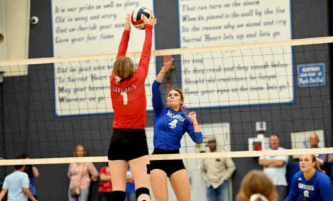 Anneliese Noska vs. St. Paul here September 26. Chuck Grafe/Tribune-Herald