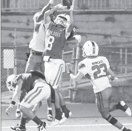 YHS Bulldog Qyion Williams (8) goes up for a catch during the football game against the Hempstead Bobcats on Oct. 27 in Bulldog Stadium. The Yoakum Bulldogs won the game 35-0 giving the Bulldogs their first district win. The last football game of the season will be at 7:30 p.m. this Friday night, Nov. 3 against the Hallettsville Brahmas in Hallettsville. Photo courtesy of Raymond Rosas.