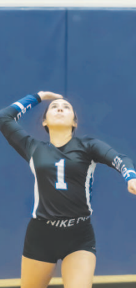 Madison Gonzales (1) serves the volleyball against Poth. Photo courtesy of Raymond Rosas.