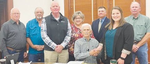 Pictured from left to right are Precinct 2 Commissioner James Pilchiek, Precinct 3 Commissioner James Kaiser, AgriLife Extension Agent Anthony Netardes, AgriLife Extension Agent Denise Goebel, Precinct 1 Commissioner Curtis Afflerbach, District AgriLife Extension Agent Donnie Montemayor, newly appointed 4-H Agent Candace Williamson, and Precinct 4 Commissioner Brian Carson.