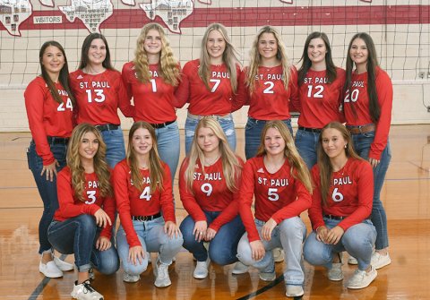 The 2023-2024 St. Paul volleyball team were TAPPS 2A bi-district champions and area-round finalists. Bottom row from left are Dallyn Pesek, Kristin Cerny, Maurin Knesek, Skylar Mozisek and Avery Pesek. Top row from left are Stefany Pokluda, Emily Moeller, Riley Mozisek, Faith Machart, Tori Walker, Sam Moeller and Emily Stamport. Photo by Mark Lube.