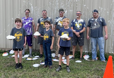 The top three selling scouts are shown with their leaders. Pictured are, left to right, front row, Isaac Bonorden (1st place - $5,662), Kenward Kolar (2nd place - $1,807), and Kolton Wilgus (3rd place - $1,735); back row, Dr. Tom Bays, Charles Bonorden, Brian Good, Dr. Marshall Bishop, and Jared Coburn.