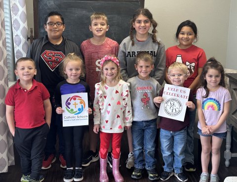 Students from Shiner Catholic Schools invite the community to join in celebrating Catholic Schools Week. Pictured are, front row, left to right, Jaxton Pekar, Shea Stafford, Collins Hurt, Brayden Pilat, Kase Harper, Josey Castello; back row, left to right, Ricardo Gonzalez, Wyatt Decker, Remi Radicke, and Elena Basquez.