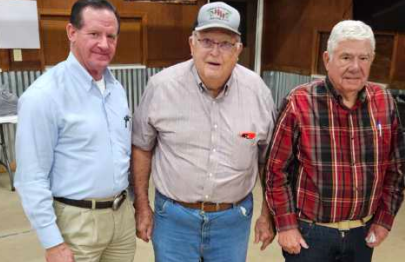 Candidate AJ Louderback meets with Lavaca County constituents Kenneth Henneke and Tom Foyt at Blase’s Hall Thursday in the first local meet-and-greet held for the highly contested District 30 Texas House of Representatives seat in Austin held by Geanie Morrison, who announced her retirement late last year.
