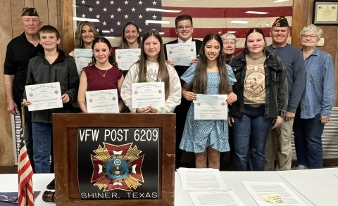 Pictured are, front row, left to right, Wesley Miller (Patriot’s Pen Essay, 2nd place, Shiner Catholic School), Mallory Johnson (Patriot’s Pen Essay, 3rd place, Shiner Jr. High), Dannica Beinhauer (Patriot’s Pen Essay, 2nd place, Shiner Jr. High), Julia Barecky (VOD, 1st place, St. Paul HS) and Kenley Wyant (Patriot’s Pen Essay, 2nd place, Shiner Catholic School); back row, left to right, David Muehlstein (VFW), Dallyn Pesek (VOD, 2nd place, St. Paul HS), Callie Chrismon (VOD 1st place, Shiner HS), Thomas K