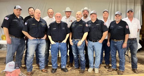 Pictured are, front row, left to right: Brandon Siegel - 10 years, David Schroeder - 20 years, Joey Gamez - 5 years, Stephen Bujnoch - 25 years, Leonard Caka - 30 years; back row, left to right: Kyle Winkenwerder - 10 years, Wyatt Wagner - 15 years, Jason Shows - 15 years, JR Peters - 40 years, Michael Furrh - 10 years, Daniel Muehlstein - 25 years, Daryl Peters - 20 years. Shiner VFD Photo