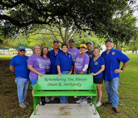 Pictured are, left to right, Damon Williams, Jennifer Patek, Carol Fiedler, Robert and Dawn Morkovsky (Owen’s parents), Cory Matula, Tammy Guettner, Austin Miller, Tracey and Mark Jalufka. Contributed photo.