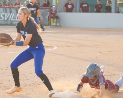 Addison Pekar covers third base in softball game at Hallettsville on March 8. Photo courtesy of Raymond Rosas.