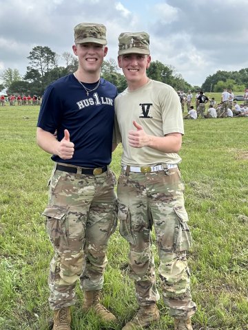 Jake Davidson (Class of 2027), left, and Jake Yackel (Class of 2026), pose together during the annual Corps of Cadets, March to the Brazos. 