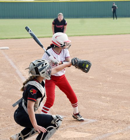 Maria Jackson (shown here against Pflugerville Concordia ) got four hits, a double, home run, two runs and two RBI against Huntsville Alpha Omega last week. Photo by Mark Lube.
