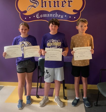 Lavaca Soil and Water Conservation District 13 selected its school wide essay winners from Shiner ISD, including, left to right, Reese Lyons (1st), Jaxon Werner (2nd) and Arthur Elias (3rd). Lyons’ essay placed third in the 13 and under LSWCD district contest. Photo by Dennis Evins.