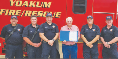 Pictured from left to right are Troy Alvarez, Cade Murrile, Assistant Chief Nick Kresta, City of Yoakum Mayor Carl O,Neill, YFD Chief Mark Herchek, and Jeff Fishbeck.