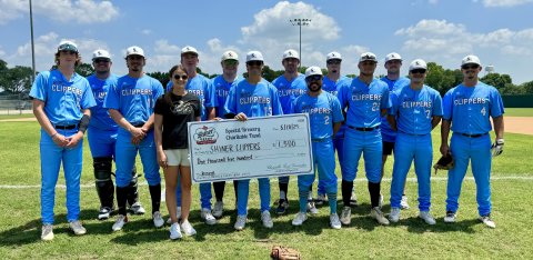Pictured are, front row, left to right, Caleb Thomas, Noah Boedeker, Will Boswell, Blayke Muse, Tyler Patek, Ty Boedeker, Colton Starns and Blake Michalec; back row, left to right, Caleb Murrile, Ty Winkenwerder, Keith Kieschnick, William Cerny and Coy Boedeker. Also pictured, Spoetzl Brewery Charitable fund member, Lauren Petras.