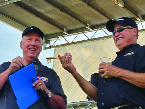 June 15, 2024 was declared as Jimmy Mauric Day in the City of Shiner. Mayor Fred Hilscher is pictured at left presenting the key to the city to Jimmy Mauric, right.