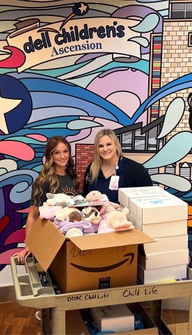 Miss Shiner Callie Sevcik, left, is shown with Brittany (Pohler) Caputo delivering care packages to Dell Children’s Hospital.