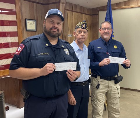 Shiner American Legion Post 201 held an awards night on Monday, July 22. The Shiner Police Department, Shiner EMS, and the Shiner Fire Department were presented with donations to help in their departments. Pictured are, left to right, Jake Tollette of the Shiner EMS, Ronnie Leck, Vice Commander, and Wayne Denson, Shiner Police Chief. Shiner Fire Department will receive their donation at a later time. We thank these First Responders for the work they do to keep our community safe.
