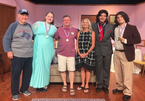 Pictured (l to r), Bill Matthys--Director, Anna Neskora--Sister Michelle Award for an outstanding performance, Steve Liberti--Lamplighter Award for outstanding Backstage Crew, Josh Kaspar--awards chair, Michael Silgero--2023 winner of Best Youth Debut Award as Paul in “Drinking Habits”, and Brayden Self-2024--Best Youth Debut Award for “In Praise of Miss Brown”.