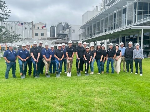 Pictured are city council members, chamber members, Director of Brewery and Distillery Operations Tom Fiorenzi and President and CEO John Brozovich, and interested parties at the groundbreaking ceremony for the new Lounge and Bar at Spoetzl Brewery.