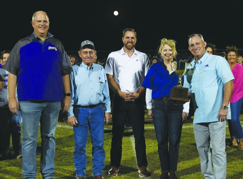 Pictured are, left to right, Shiner ISD Superintendent Alex Remschel, David Wagner (Texas Farm Bureau), Karl Ellis (Texas Farm Bureau), Janella Matias (Texas Farm Bureau) and Ray Zepeda (UIL Athletic Director). Photo by Mark Lube.