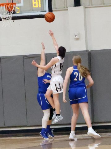 Addison Simper goes up for shot in Friday’s game against Sacred Heart. Simper scored 10 points in the game. Photo courtesy of Chuck Grafe/Hallettsville Tribune-Herald.