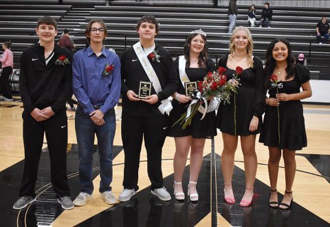 Moulton Homecoming Court from left are Seth Beyer, Vincent Obregon, Jaxon Bartos, Emma Buehring, Torin Langston, and Angeles Juarez. Photo courtesy of Moulton ISD.