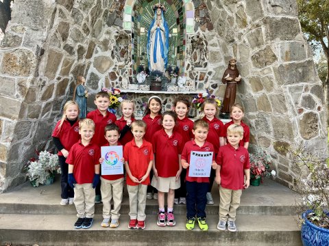 Students from Shiner Catholic Schools invite the community to join in celebrating Catholic Schools Week. Pictured are, front row, left to right, Carter M., Sam P., Tripp P., Theresa R., J.W. K., and Maddox M.; back row, left to right, Blaise B., Jhett W., Fallon B., Brinley B., Brynn P., Gemma I., and Emmy B.