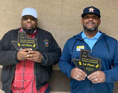 After a total of 64 straight domino teams finished playing, the Houston duo of Marcos Ford (left) and Walter Patterson III captured the state title of this year’s 73rd Annual Texas State Championship Domino Tournament. Contributed photo