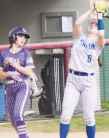Olivia Fojt (8) secures a fly ball in the 9-4 win against Shiner. Photo by Mark Lube.