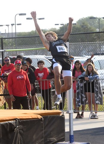 Landon Chaloupka cleared, 6 feet, 2 inches for fifth in the high jump. He also placed third in the long jump. Photo by Mark Lube.
