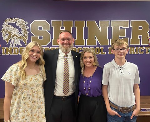 Lee Vi Moses has been named as Shiner ISD’s new Superintendent. Pictured are, left to right, daughter Jo Moses, Lee Vi Moses, wife Beth Moses, and son Luke Moses.