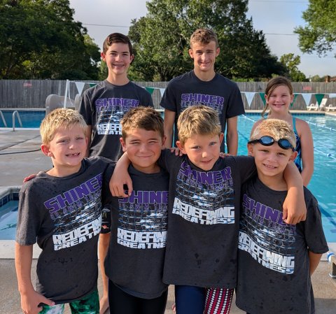 Shiner Stingray Swim Team members advancing to state include, front row, left to right, Charlie Park, Owen Gutierrez, Jack Park and Maston Davis; back row, left to right, Pierce Wallace, Austin Blaschke and Kori Kacir.