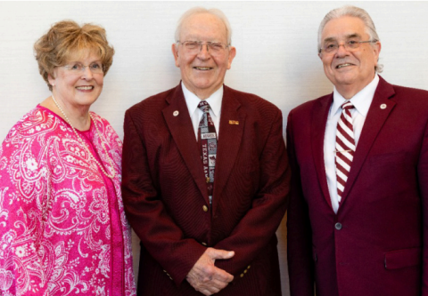 Oscar J. “Bubba” Woytek received an Outstanding Alumnus recognition by the Texas A&M College of Veterinary Medicine and Biomedical Sciences. He is a Hallettsville native. Pictured from left to right is his wife Jane Woytek, “Bubba” Woytek and the College of Veterinary Medicine and Biomedical Sciences former Dean John R. August.