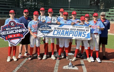 The Shiner Stars 14U baseball team poses with the PG Super Regional NIT Champions banner. Photo courtesy of Shiner Stars Baseball.