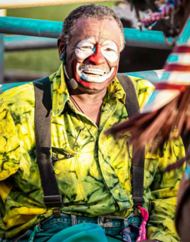 Rodeo clown legend, Leon Coffee entertained the crowd at the Wimberley VFW Rodeo held over the holiday weekend. (photo Nicole Smith)