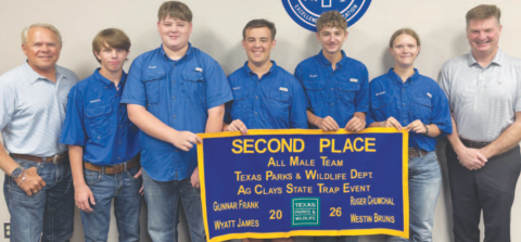 Pictured from left to right are Yoakum ISD School Board President Glen Kusak, Westin Bruns, Ruger Chumchal, Gunnar Frank, Wyatt James, Bryleigh Muehlstein, and Yokum ISD Superintendent Tom Kelley. Not pictured are Kaleb Gonzales, FFA Sponsor Michael Rampe, and Shooting Coach Patrick Frank. The group attended the State FFA Agriculture Clay Shooting event in San Antonio June 8-9. Gunnar Frank placed 2nd out of 139 participants.
