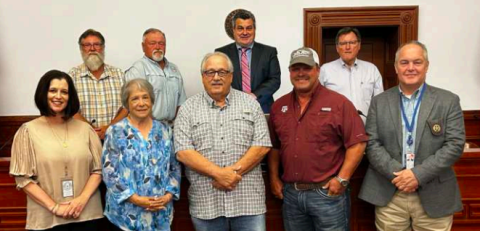 At Monday’s Lavaca County Commissioners’ Court meeting, LCSO records clerk/school safety liaison Neely Yackel announced the school portion of the safety project goal has been completed. Yackel said the completion of the project was made possible following the most recent donations. Front row from left are Yackel, Annie Rodriguez and Charles Kvinta Jr. with the Kluck Foundation, Inc., Billy Gerke with ForEverlast, Inc. and Brush to Bay Outfitters, LLC. and Sheriff Steven Greenwell. 