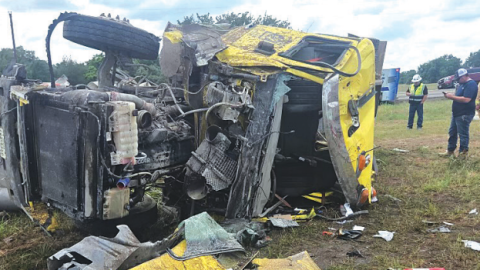 Moulton Police responded to a one-vehicle accident involving a tanker truck last Thursday on FM 532 west of Moulton. The driver, Robert Wayne Janecek, was airlifted to a hospital in Austin. Photos courtesy of Moulton Police Chief Daniel Beyer.