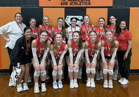 The St. Paul volleyball team won six matches and claimed the Bronze championship last weekend in the Schulenburg Tournament. Front row from left are assistant coach Nicco Brown, Skylar Mozisek, Lexie Ulcak, Annabelle Collins, Presley Rother and Hayden Rother. Back row from left are head coach Taylor Hudson, McKinley Jacobs, Emery Kennedy, Reese Chilek, Tatum Walker, Addy Matias, Faith Brown, Ashlin DeSarro and assistant coach Jessica Shimek. Photo courtesy of Shiner Catholic School. 
