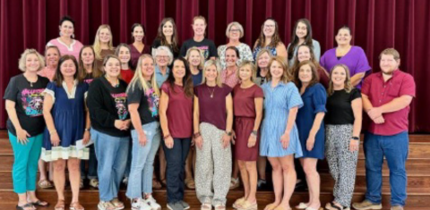 Thirty-two HISD faculty members were recognized at the Monday, Aug. 10 Hallettsville ISD Board of Trustees meeting. The teachers were presented with Texas Incentive Allotment awards. Front row from left are Michelle Steffek, Kari Etzler, Emily Leopold, Tiffany Wegener, Michele Kolacny, Ashley Mikes, Cheryl Leopold, Megan Bruton, Mary Jo Bludau, Sarah Jansky and Tucker Smolik. Middle row from left are Kristen Jasek, Jennifer Muenster, Madeline Brown, Karen Kahanek, Mary Anne Etzler, Haley Spring...