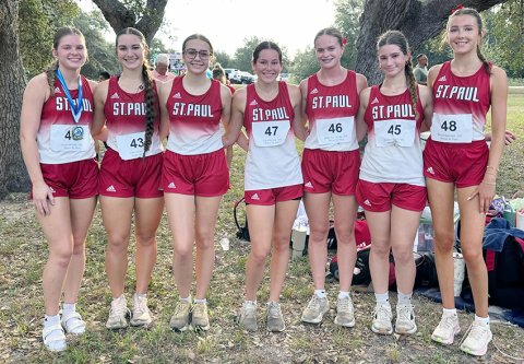 The Lady Cardinals finished fourth as a team Saturday in Victoria at the St. Joseph Invitational. From left are Skylar Mozisek, Faith Brown, Frances Filip, Clara Kinney, McKinley Jacobs, Keaton Helweg and Emma Marshall. Photo courtesy of Nicco Brown.