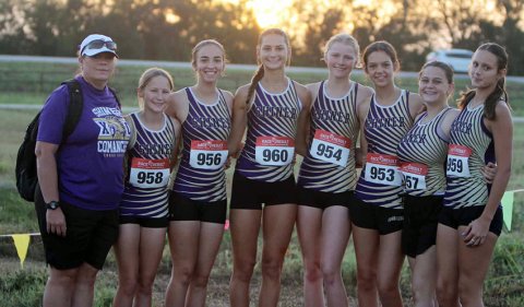 Shiner varsity girls from left are Michelle Winkenwerder (head coach), Alaina Sofka, Megan Burns, Addison Tudyk, Kendyl Boehm, Dawn Bishop, Jewel Caka and Paisley Todd. Photo courtesy of Michelle  Winkenwerder. 