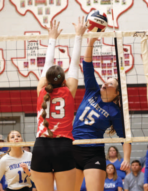Photo by Chuck Grafe Piper Hawkins (15) had eight kills in the victory over Houston Baptist.