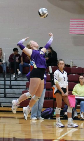 Tinsley Vasek serves the ball Friday against Ganado. Photo courtesy of Louann Heinsohn.