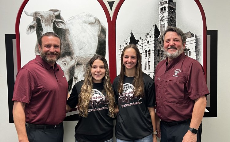 Hallettsville High School Lady Brahmas, Olivia Etzler and April Leopold were recognized at Monday’s HISD Board of Trustees Meeting. The tennis doubles duo qualified for the UIL State Tennis Tournament held April 25-26. From left are HISD athletic director Levi Montgomery, Leopold, Etzler and Board of Trustee president Robert Lundy. Photo by Trina Patek