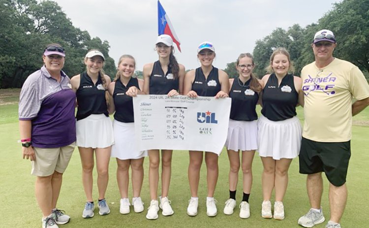 The Shiner Lady Comanches golf team placed sixth in their second appearance at the state tournament. From  left are head coach Michelle Winkenwerder, Callie Chrismon, Brianna Sofka, Morgan Lenehan, Chelsea Whiddon, Grace Migl, Olivia Akin and vounteeer coach Eric Winkenwerder. Photo courtesy of Michelle Winkenwerder.